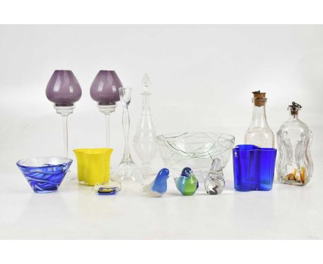 A collection of mid century and retro items, including a Kosta candlestick, two unusual candlesticks with lilac coloured shad