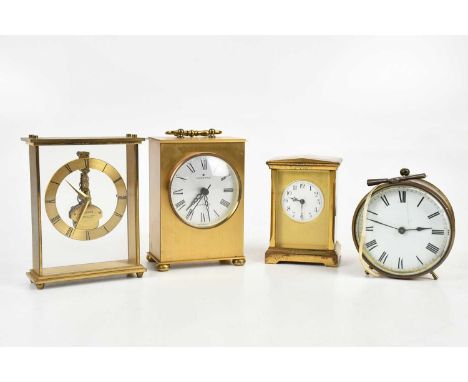 A 19th century brass cased drum clock, the dial set with Roman numerals, diameter 9.5cm, a 19th century brass carriage clock 