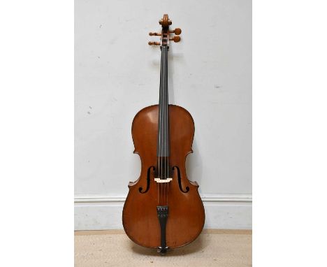A full size German cello, unlabelled, with two-piece back length 74.5cm, with soft case.