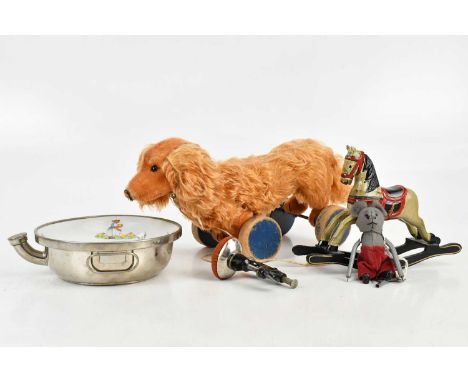 TRI-ANG; a vintage clockwork mouse with key, a Victorian pin cushion/clamp, pull-along dog, a model of a rocking horse and a 
