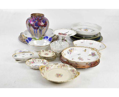An assortment of collectors' items including Continental porcelain, a Nymphenburg porcelain basket, an unusual Suisse hand pa