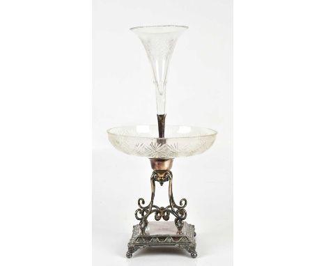 A Victorian silver plated epergne, with cut glass bowl and chimney, height 46cm.Condition Report: Glass has chips around the 