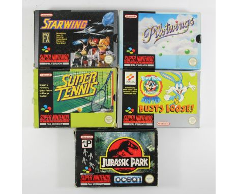 Five Super Nintendo Games, to include :Jurassic Park (original box, card insert and manual) Tiny Toon Adventures Buster Busts