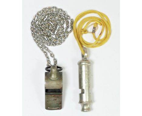 A J. Hudson &amp; Co, Birmingham C.N. 80 whistle, broad arrow and 1967 stamped, together with a The ACME THUNDERER L.M.S. whi