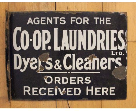 A vitreous enamel double sided Co-op Laundries Ltd advertising sign, 51cm x 38cm 