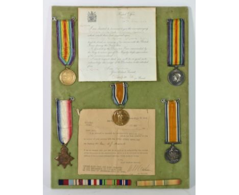 WWI family group, three Victory, War and 1914 - 15 Star awarded to 151 Gnr W.J. Moore R.F.A. with Army Form W.5112, together 