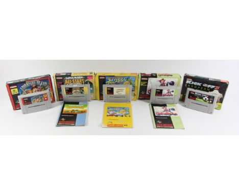 Five Super Nintendo Games, to include :Super Adventure Island (original box and card insert) Kick Off 3 European Challenge (o
