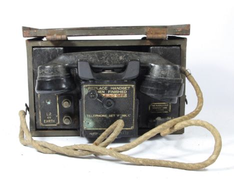 WWII British Army field telephone set F MKII, nr faded, with broad arrow mark, housed in a timber box stamped YA 2886 