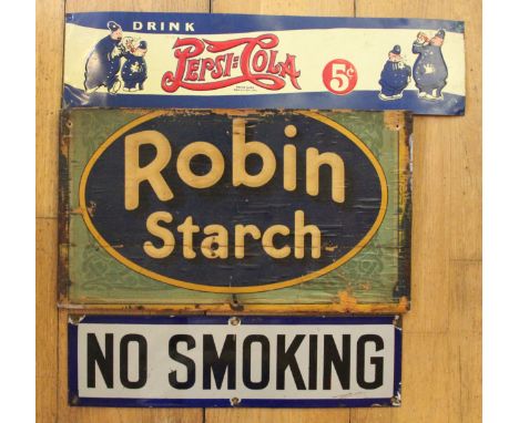 A vitreous enamel single sided No Smoking sign, 46cm x 13cm, a single sided pressed tin Pepsi Cola advertising sign, 55cm x 1