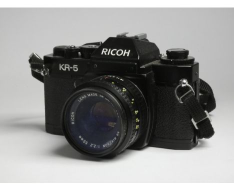 A Ricoh KR-5 SLR camera, with a Ricoh Rikenon XR 55mm f2 lens, together with a Vivitar 28mm f2.0 lens, a Cheery electronic fl