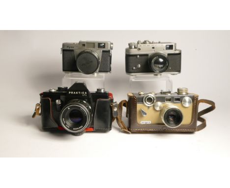 Four 35mm film cameras, to include a Zorki-4 with a Jupiter-8 50mm f2 lens, a Fujica 35-ML, A Praktica LTL (black) with a 50m