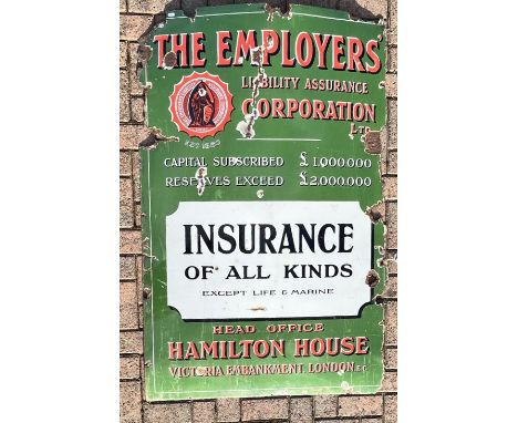 A Vitreous enamel single sided The Employers Assurance Corporation Ltd sign, advertising insurance plans, 102cm x 155cm 