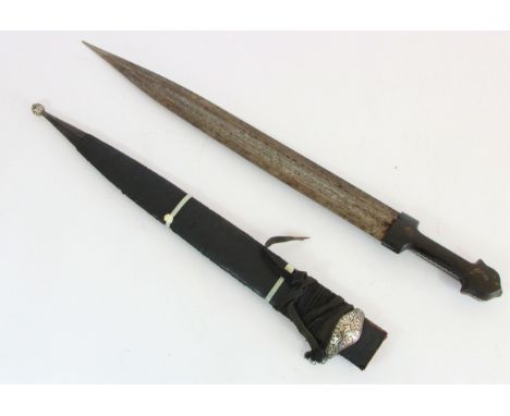 Russian Kindjal dagger, 19th century, broad straight double edge blade deeply cut with chased fullers, two piece horn grips, 
