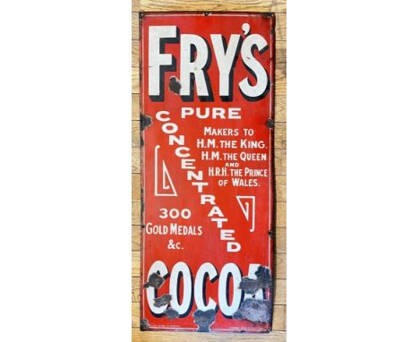 A vitreous enamel single sided Fry's Cocoa advertising sign, 38cm x 92cm 