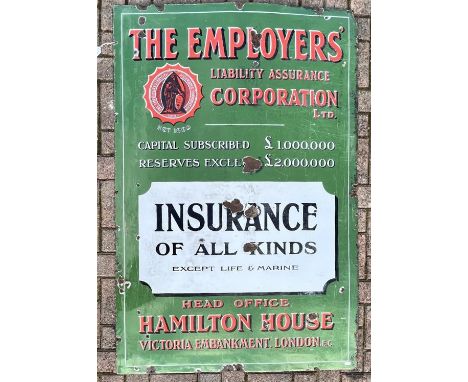 A Vitreous enamel single sided The Employers Assurance Corporation Ltd sign, advertising insurance plans, 102cm x 155cm 