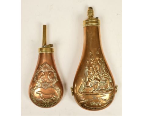 A reproduction Colt's Patent embossed copper powder flask, decorated with cannons and flags and stamped Colt's Patent on a ba