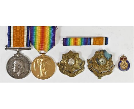WWI pair, Victory and War, awarded to 57287 Pte E.N. Parrish, W. Yorks R., together with two East Yorkshire cap badges and a 