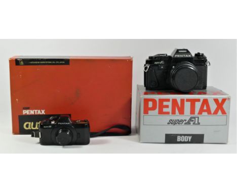 A Pentax Auto 110 SLR outfit, including camera, winder, flash, 18mm, 24mm and 50mm lens, in orange presentation box, together