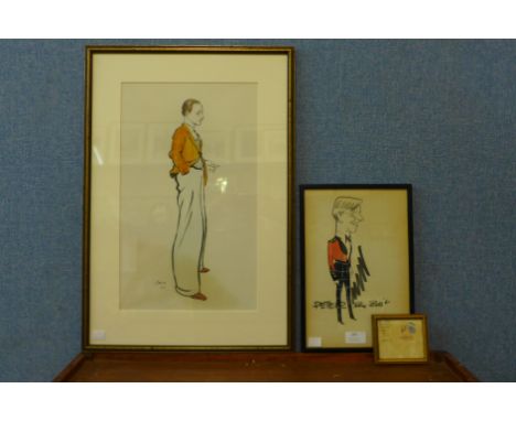 H.M.Bateman (1887-1970), portrait of a gentleman smoking, pen, ink and watercolour, dated 1934, and a small cariacture, title