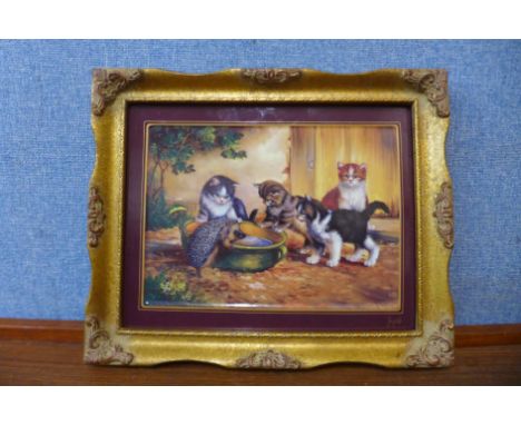 A German limited edition oleograph on tile, kittens and hedgehog, framed 