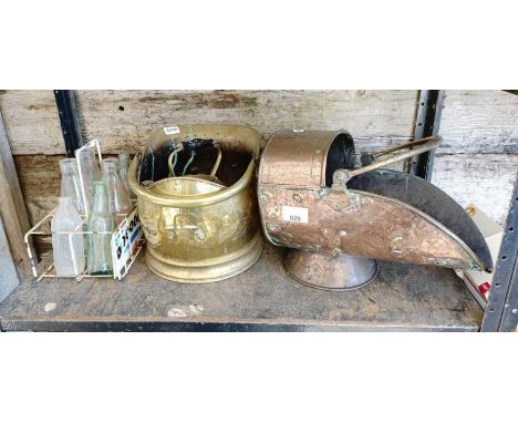 Brass & copper coal scuttles along with vintage glass bottles