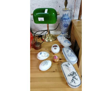Bankers style lamp with green glass shade along with various ceramics
