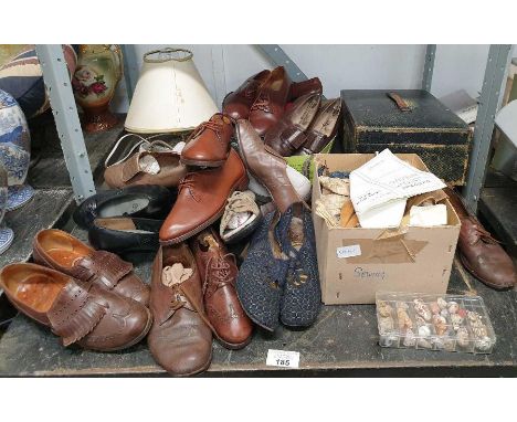 Collection of vintage &amp; modern shoes, leather bound work box, desk lamp &amp; other items