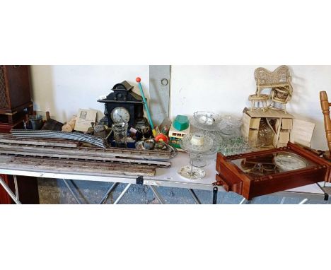 Faux slate mantle clock, wicker dolls house furniture, glassware, metalware &amp; other items