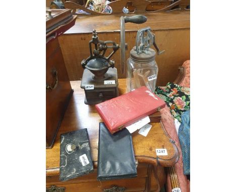 Vintage coffee grinder, vintage churn, precision scales &amp; other items