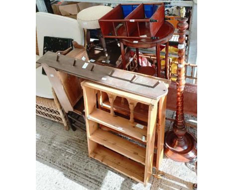 Collection of furniture to include a pair of faux bamboo corner chairs, barley twist standard lamp, 2 pine plate racks &amp; 