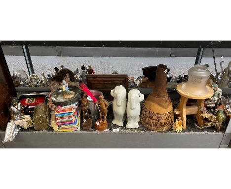 Art deco style figure of a seated woman, bagatelle board, carved wooden figures of gentlemen, Staffordshire style dogs &amp; 