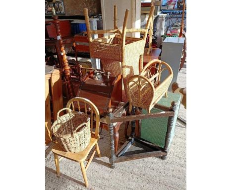 Furniture to include a Lloyd Loom style basket, an oak umbrella/stick stand, a bamboo &amp; wicker magazine rack &amp; other 