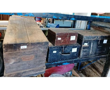4 wooden storage boxes on castors containing hand tools &amp; bicycle spare parts 