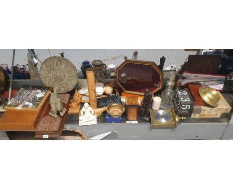 Collectables display case, carved wooden book trough, pianola rolls &amp; other items