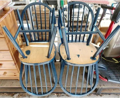 4 blue painted pine stick back dining chairs