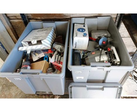 2 crates of electric &amp; hand tools, garage equipment &amp; other related items