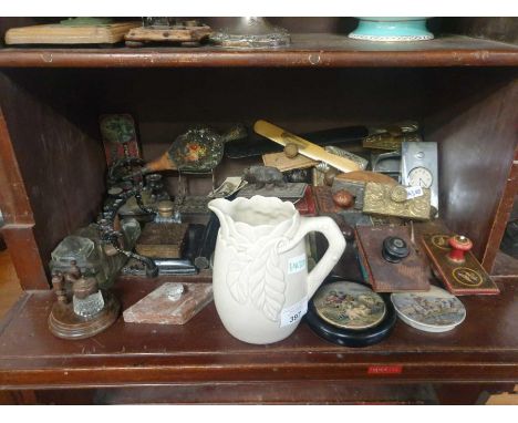 Collection of ink blotters, including a carved oak Black Forest bear, along with a Clarice Cliff jug