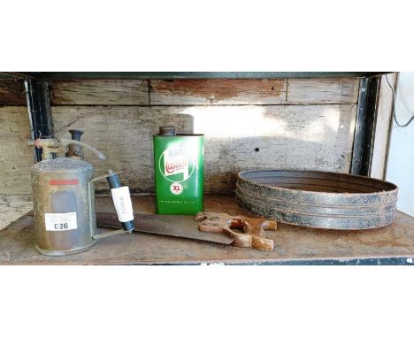 Vintage brass garden sprayer, hand saw, Castrol oil can &amp; other items