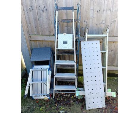 Collection of metal step ladders, roof ladder, steps etc
