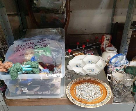 Various balls of knitting wool, Edwardian dressing table mirror, mid century style coat hooks, Poole pottery dish &amp; other