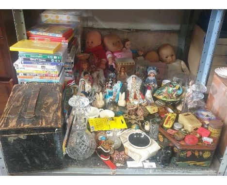 Vintage tins, brass easel, dvds &amp; children's dolls