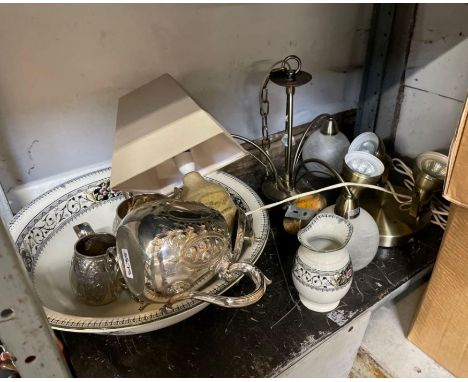Ray Hoole ceramic lamp base, silver plated items, Corona ware wash bowl &amp; light fittings