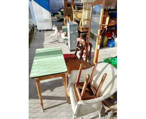 Formica top vintage desk, a cheval mirror, a Lloyd Loom style chair &amp; other furniture 