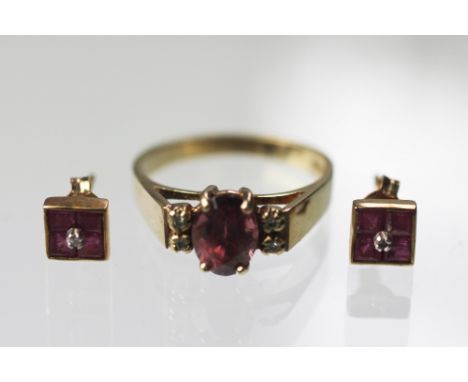 A pair of ruby and diamond stud earrings and a tourmaline and diamond ring