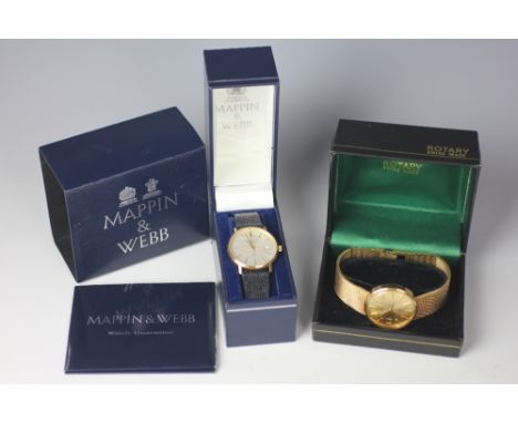 A Mappin & Webb gentleman's wristwatch with black leather strap, guarantee card and original box, along with a gentleman's Ro