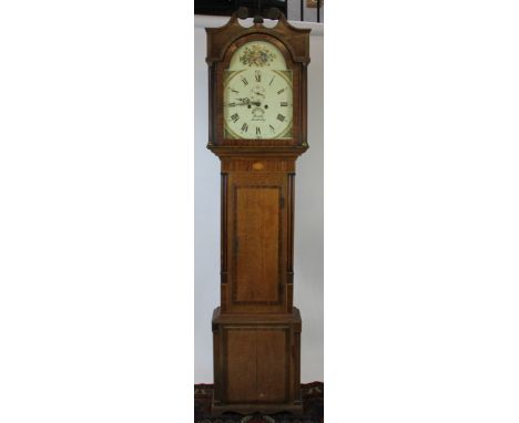 A late George III Shropshire oak eight day longcase clock, the 36cm painted dial signed Bowdler Minsterley, with Roman numera