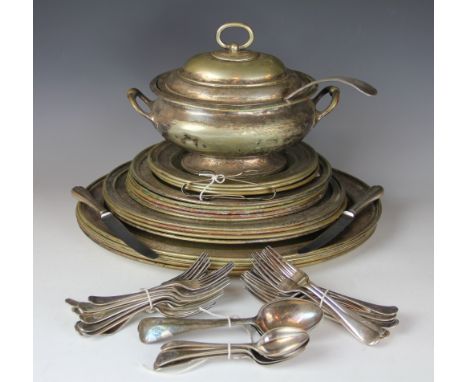 A selection of silver plated wares from Leasowe Castle, to include; a silver plated tureen cover and ladle and sixteen oval m