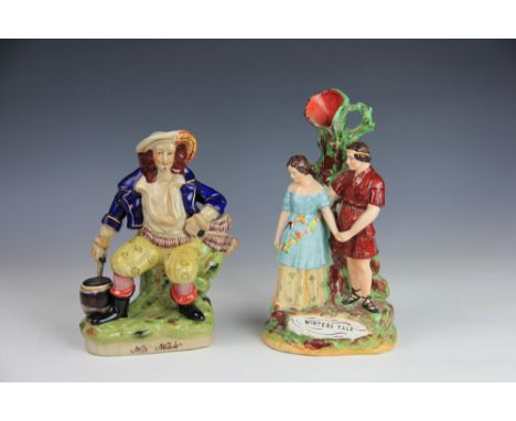 A Victorian swing dressing table mirror and two Staffordshire figures 'Winters Tale' and another (3)