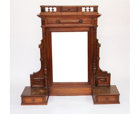 A late Victorian carved walnut dressing table mirror, with bevelled plate and two drawers, 112cm H x 116cm W