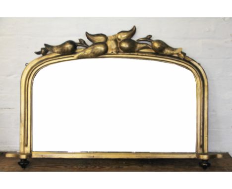 A Victorian gilt framed over mantel mirror, with foliate detail, 63cm H x 95cm D 